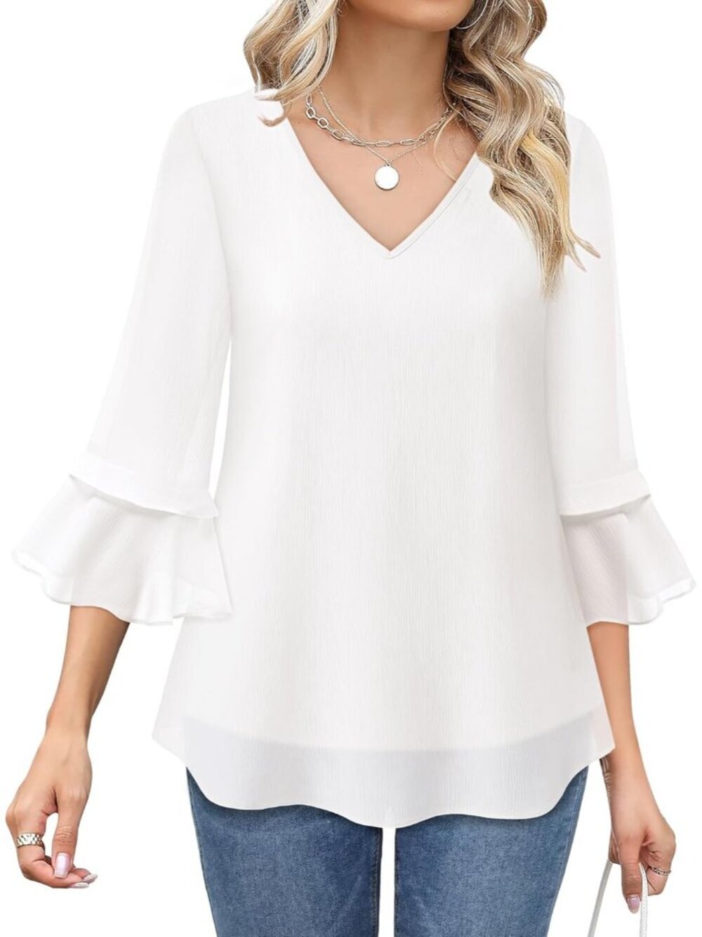 Women's Top White Casual Ruffle 3/4 Sleeves V Neck Floral Chiffon Blouses